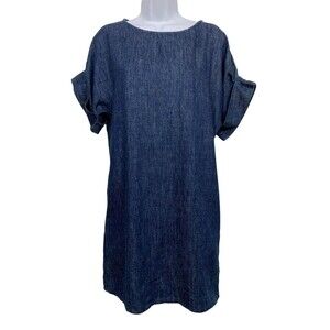Cos Women size 2 Blue Hemp & Cotton Shift Denim Dress Short Sleeve Side Pockets